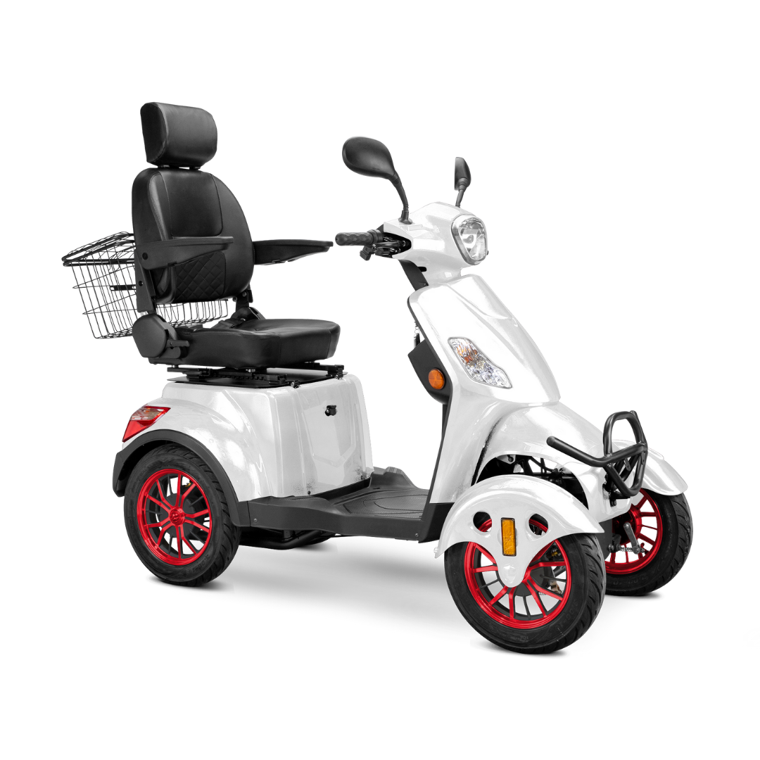 The Bespoke Prestige Recreational 4-Wheel Scooter features a 600-watt motor, white body, black adjustable cushioned seat with backrest and armrests, red-rimmed wheels, front headlight, rear-view mirrors, and a metal rear basket.